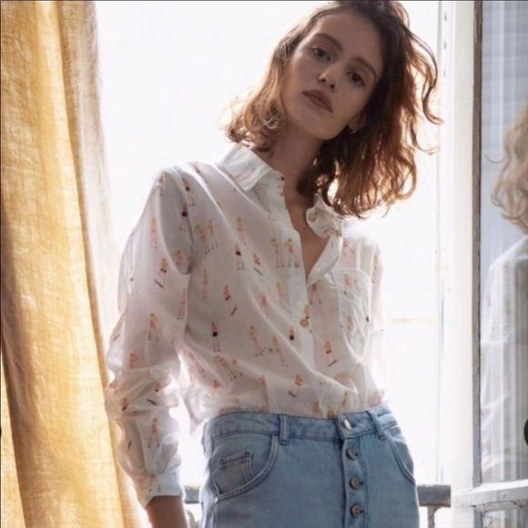 Anthropologie Acote White Roller Skate Girl Button Up Blouse - Picture 2 of 4